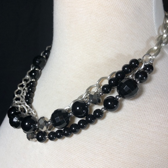 Layered Black Bead Chain Necklace Earrings Set - Picture 3 of 3